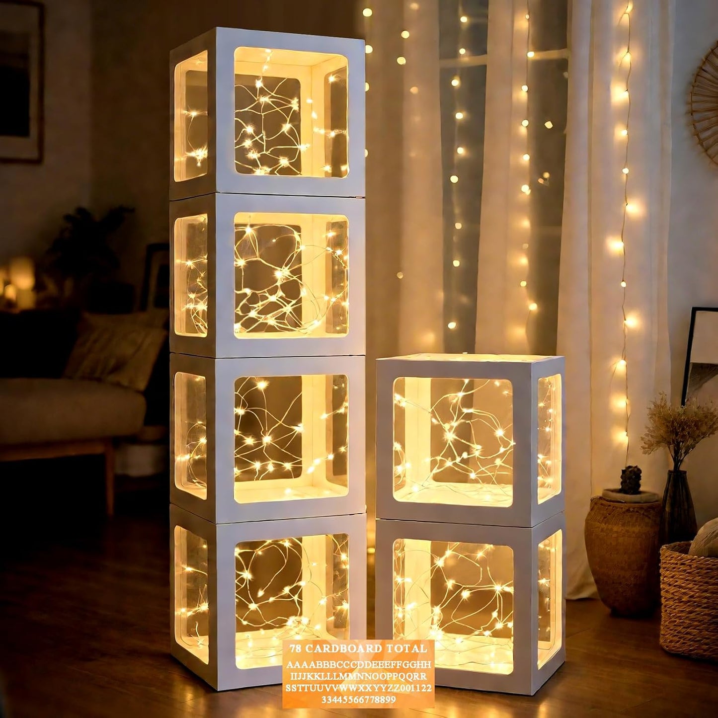 Ledido Transparent Balloon Boxes, Clear Balloon Boxes with 5 Pcs String Lights and 78 Letters for Baby Shower Gender Reveal 2026 New Year Grad Party Birthday Anniversary Bridal Decor - 5 White Boxes