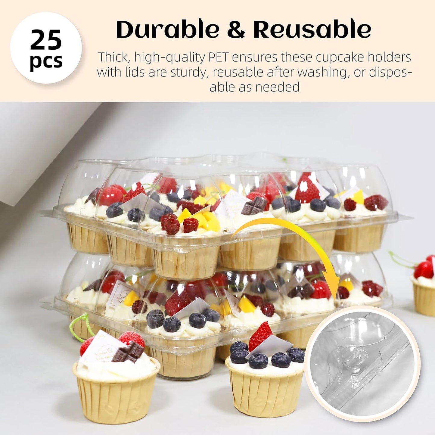 WIKDAY 12 Count x 12 Sets Plastic Cupcake Containers, Durable and BPA-Free Cupcake Holder with Lid for Easy Transport Storage, Stackable Clear Cupcake Carriers, Reusable Dessert Boxes