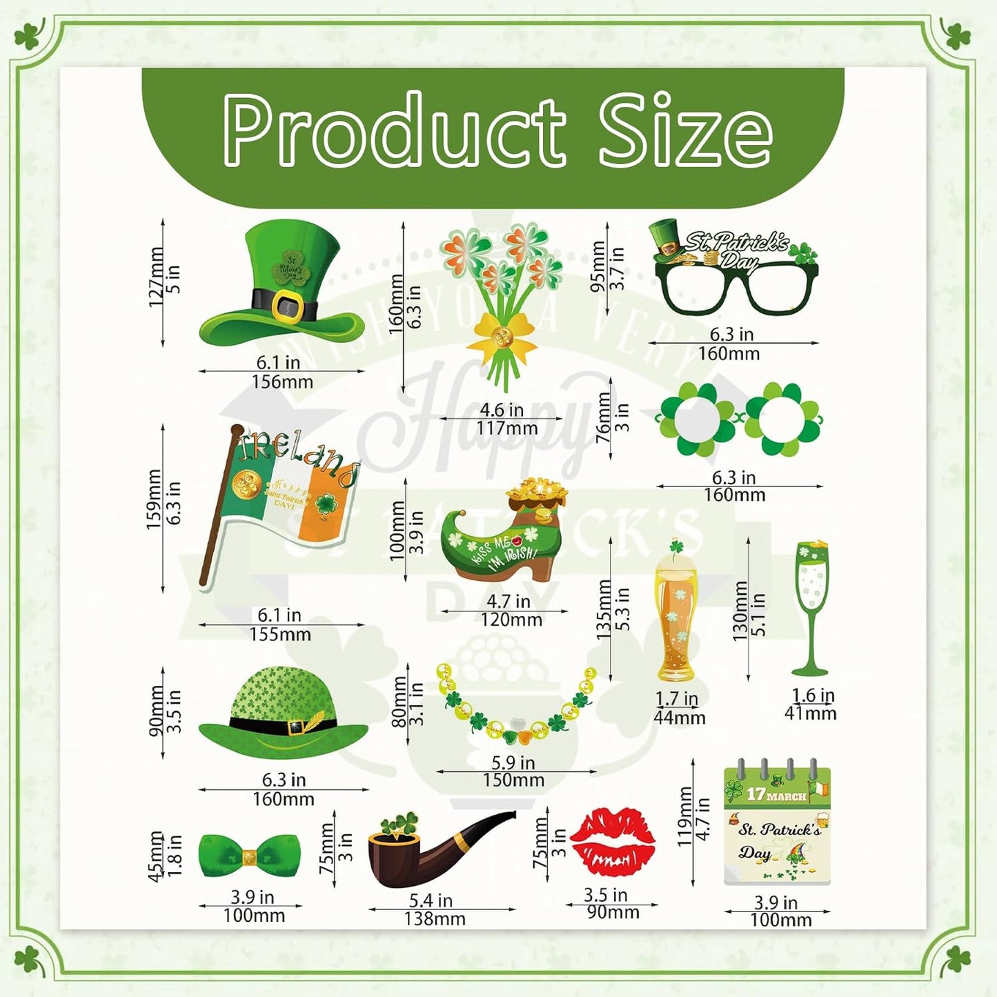 47 PCS St Patrick's Day Photo Booth Props Kit - Funny Couple Handheld Frames & Selfie Decorations for Party (34 Props, 12 Tattoos & Handheld Frame