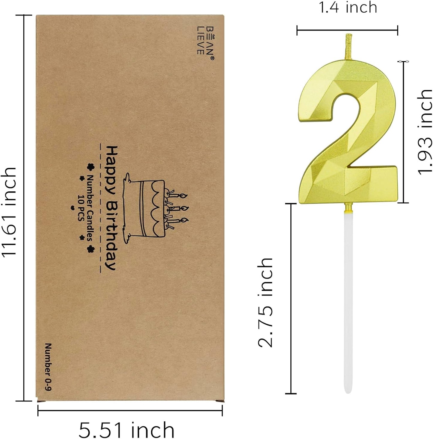 BEAN LIEVE Number Candles 0-9 Set - 10-Pack Diamond-Cut Birthday Candles, Cake Candles - Bulk Cake Decor for 1st-98th Birthdays, Photos, Parties - Kids Women Family Celebrations (Champagne Gold)