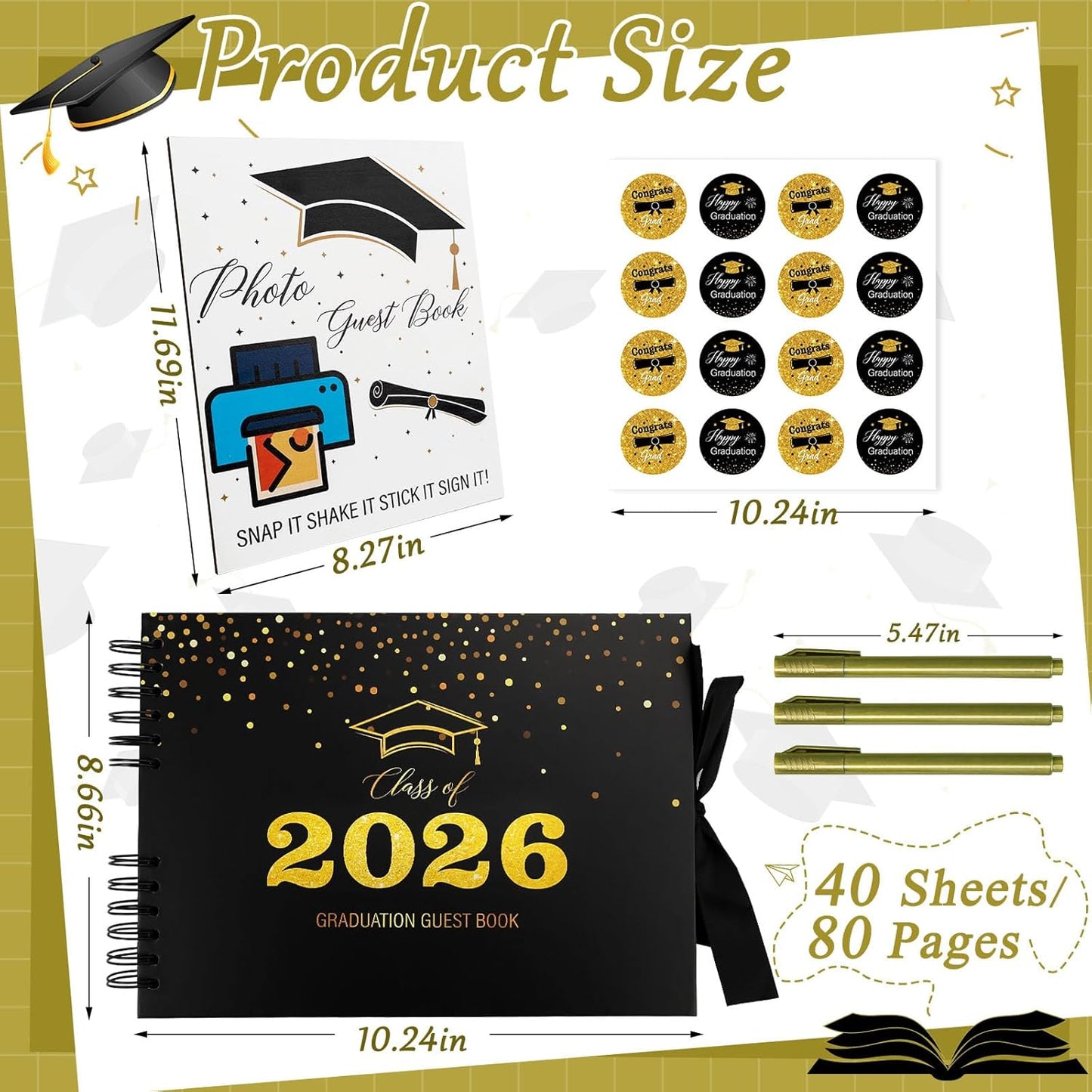 2026 Graduation Guest Book with Photo Guest Book Sign, 80 Pages Graduation Signature Book with DIY Kit, Memory Scrapbook Photo Album for Grad Party (Class of 2026,Black, Gold)