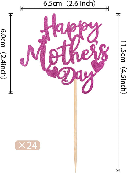 24 PCS Happy Mother's Day Cupcake Toppers with Glitter Heart Love Mother Best Mom Cupcake Picks for Happy Mother's Day Theme Women Birthday Party Cake Decorations Supplies Rose Gold