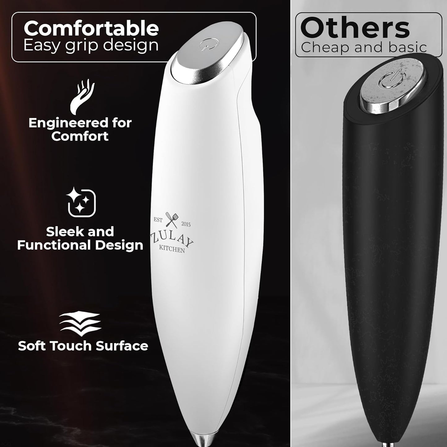 Zulay Kitchen Powerful Milk Frother Wand With Duracell Batteries - Ultra Fast Handheld Drink Mixer - Electric Whisk Foam Maker for Coffee, Lattes, Cappuccino & Matcha - Z1 Motor - Black - Colors A
