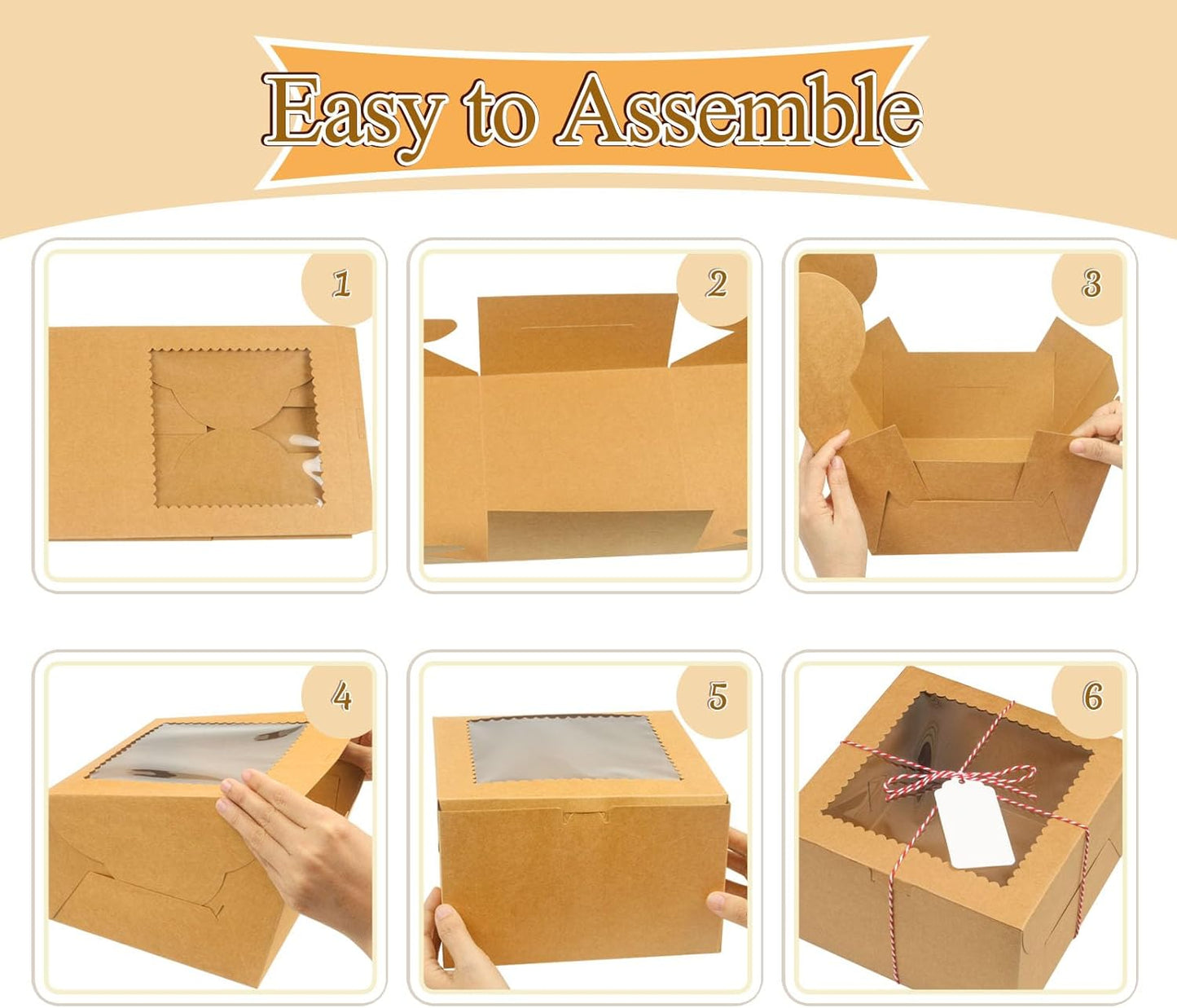 20Pcs 8 Inch Cake Boxes with Window, 8x8x5 Inches Brown Bakery Boxes, Cake Carrier Container for Pastries, Pie, Cookies, Chocolates, Cupcakes, Birthday Party, Wedding