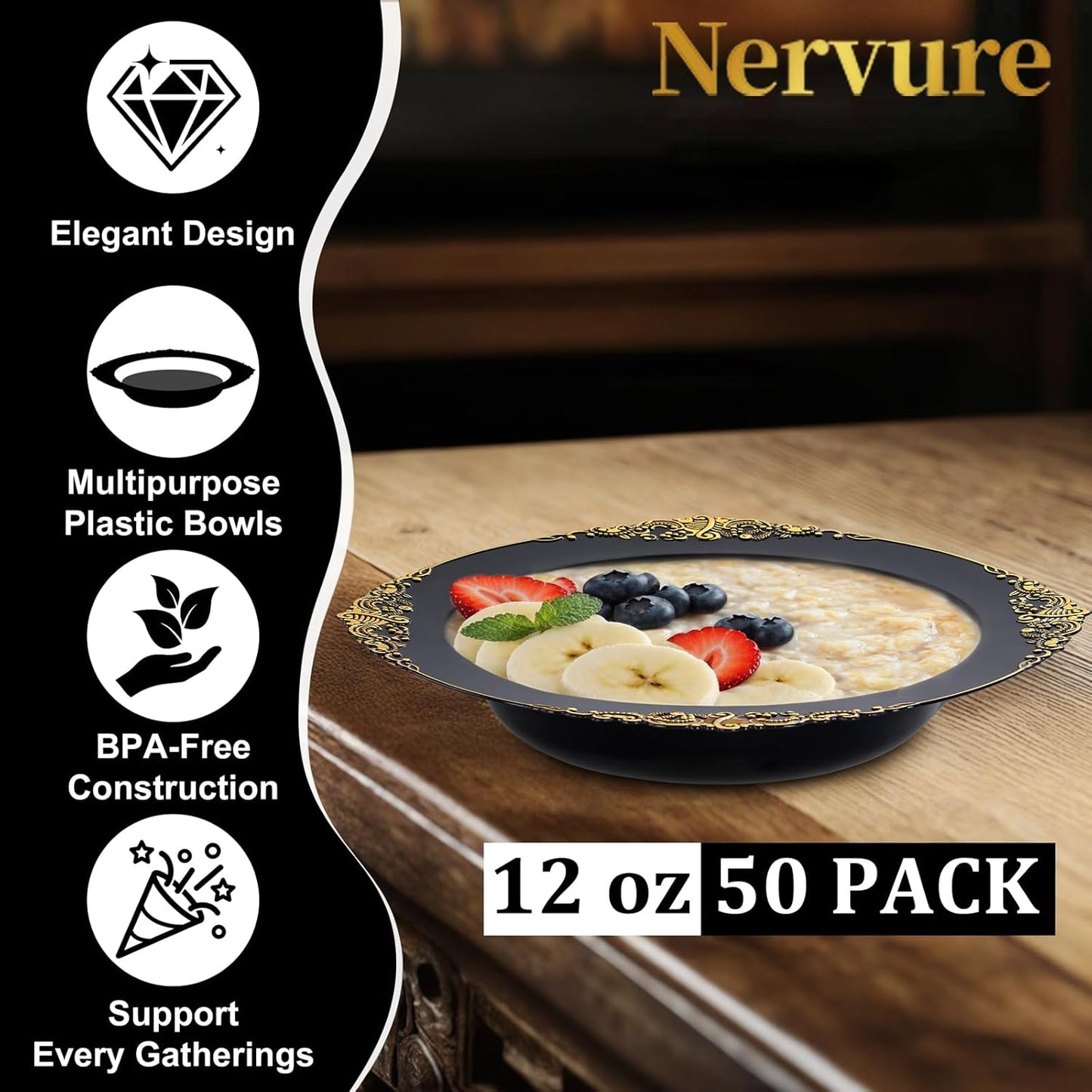 Nervure 50 Pack White Plastic Bowls with Gold Rim - 12oz Disposable Soup Bowls - Heavy Duty Dessert Bowl, Salad Bowl Perfect for Weddings, Parties, Mothers Day