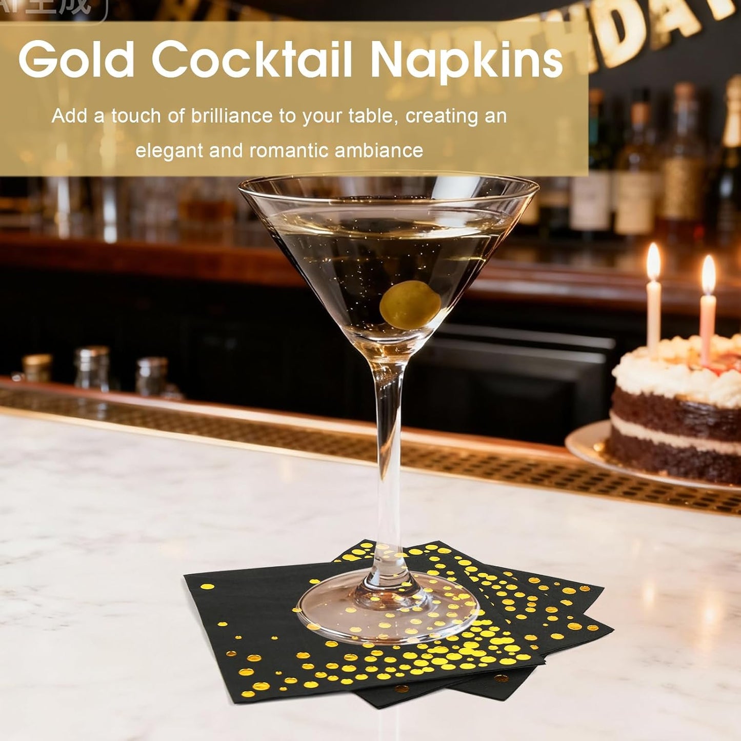 100 Pcs Gold Cocktail Napkins, 3-Ply Party Paper Napkins, 5 x 5 Inches Bar Napkin Disaposable for Weddings, Birthdays, Baby Showers, Anniversaries, and Cocktail Parties (White)
