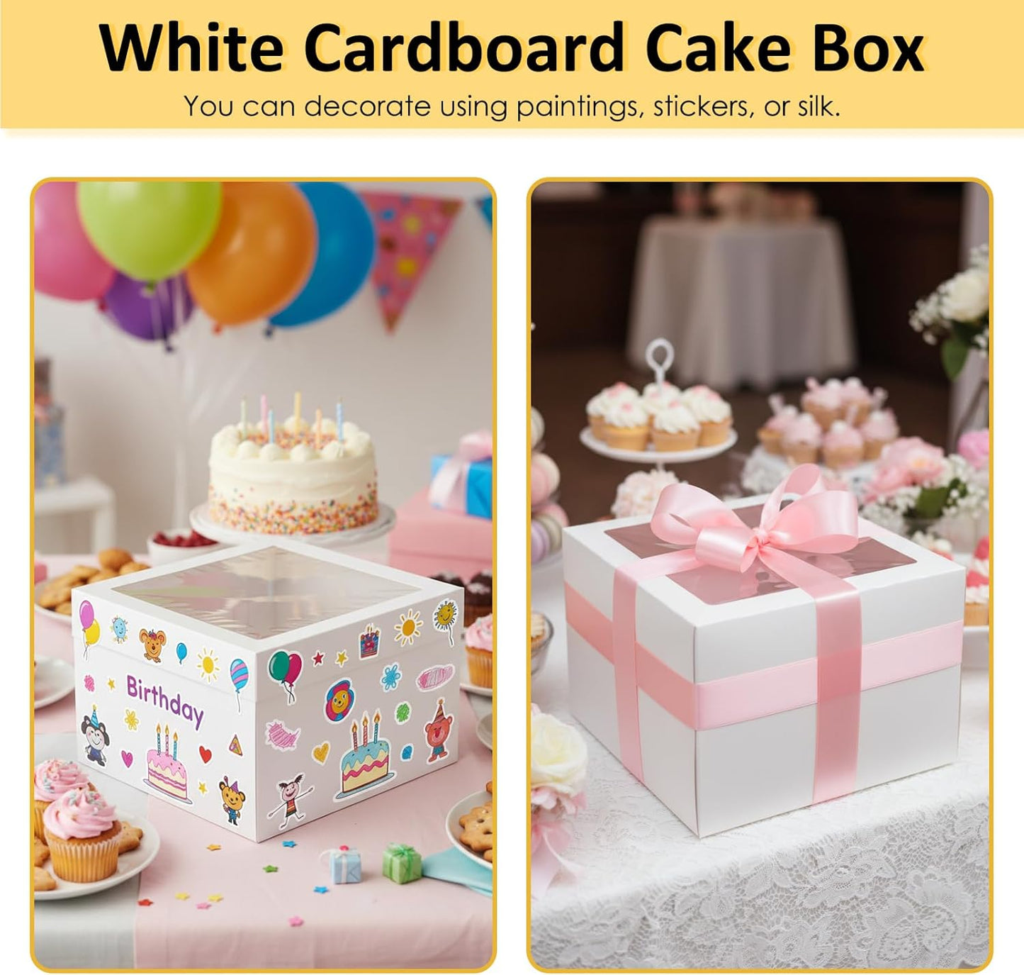 Moretoes 3 Pack Cake Boxes 12x12x8 Inch, Bakery Containers with Large Window, 12 Inch White Cake Carrier, Disposable Boxes for Birthday, Party, Cupcake Cookie Pie Pastry.