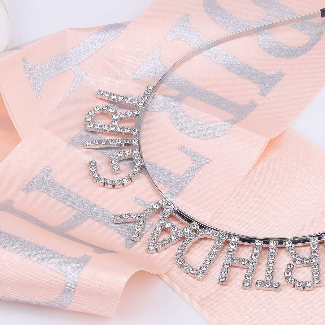 AOPRIE Birthday Girl Crown for Women with Sash Rose Gold Tiara for Women Headband Princess Crown Rhinestone Happy Birthday Accessories