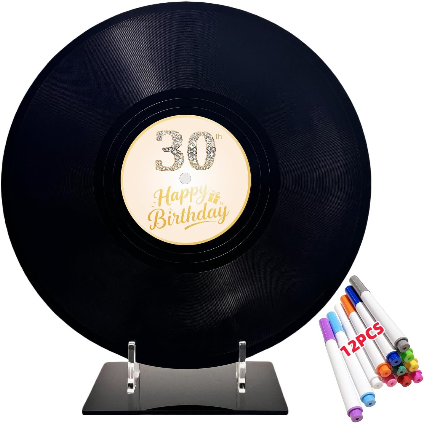 REEGII Vinyl Record Style Birthday Guest Book for Birthday Decorations - Large 11.6"x11.6" Sign-In Poster with 12 Pens | Unique Keepsake Gift for Birthday Party Decor (Happy Birthday, Golden, 11.6"L x 11.6"W)