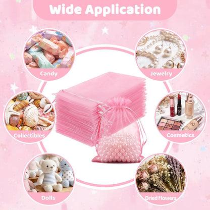 FUNFERY 100 Pcs White Organza Bags 3x4 in, Small Mesh Drawstring Gift Bags for Sachet, Jewelry, Wedding Favor, Candy Goodie Treat Bag,Easter Day