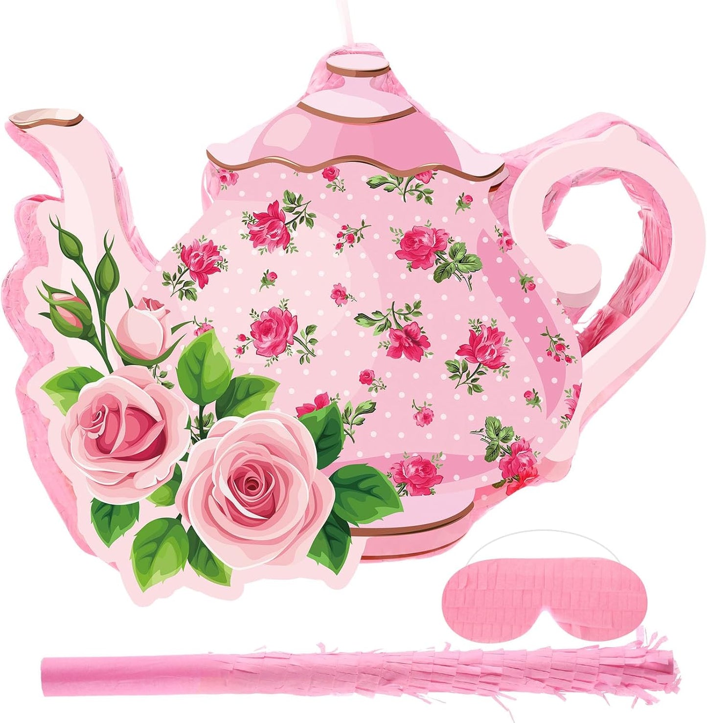 Aoriher 4 Pieces Tea Party Piñatas Tea Flower Themed Decorations Teapot Small Piñata Bundle with Blindfold and Stick Teacup Party Supplies Favors for Birthday(Pink,Teapot)