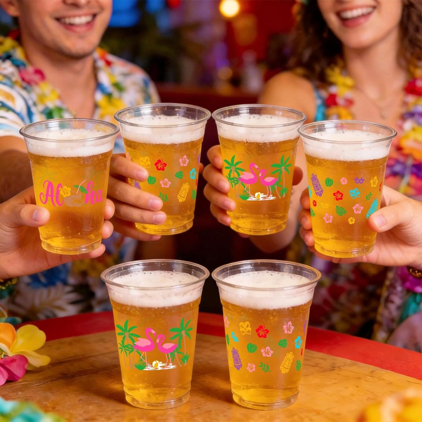 GuassLee 50 Luau Cups for Hawaiian Luau Party Decorations, 12 OZ Tiki Tropical Plastic Disposable Cups for Pool Flamingo Tiki Birthday Party Decor Supplies