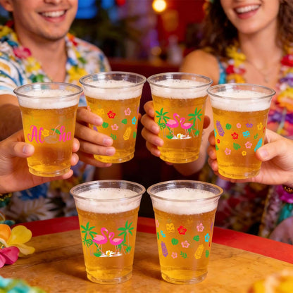 GuassLee 50 Luau Cups for Hawaiian Luau Party Decorations, 12 OZ Tiki Tropical Plastic Disposable Cups for Pool Flamingo Tiki Birthday Party Decor Supplies