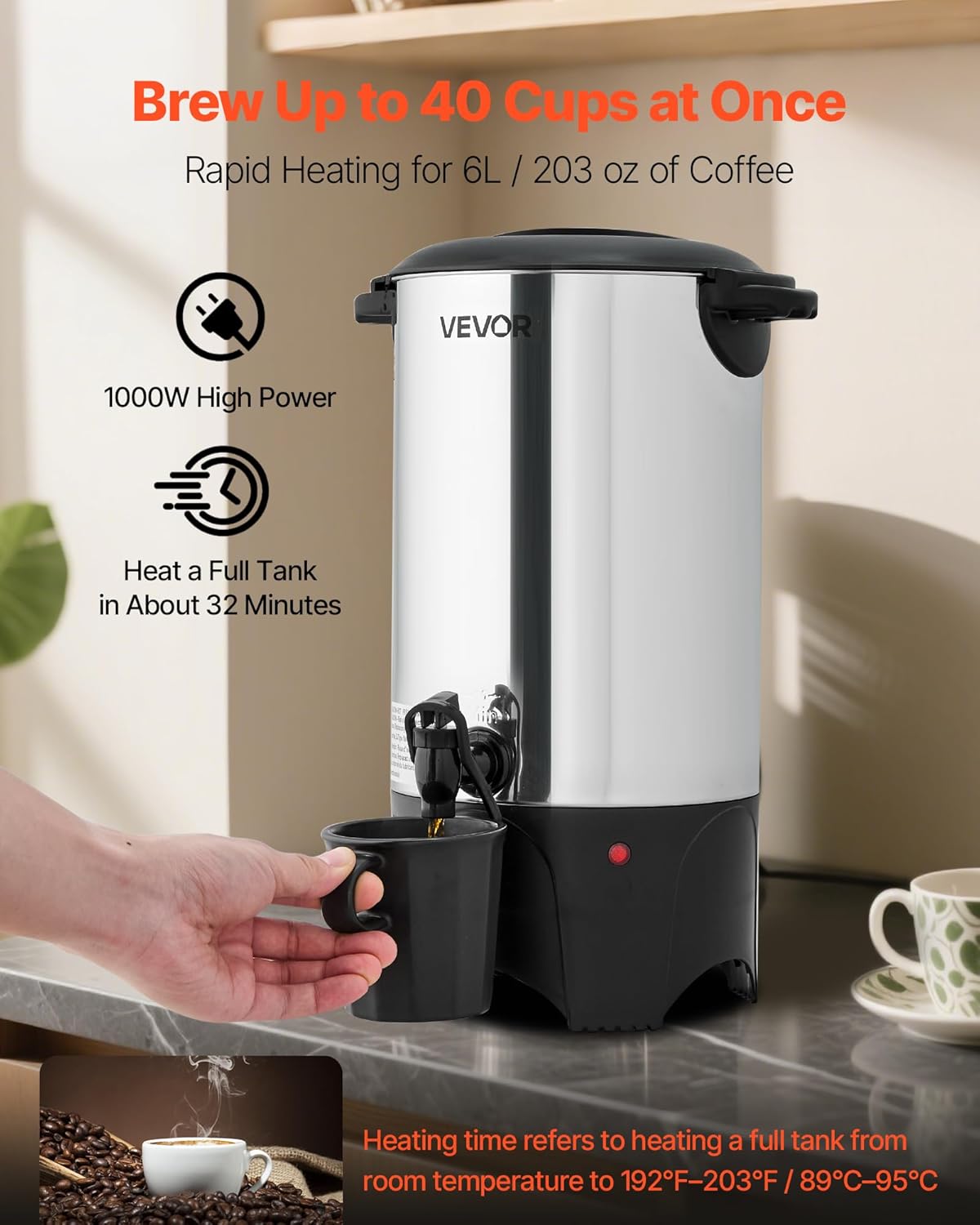 VEVOR Commercial Coffee Urn, 60 Cup 9 L Hot Beverage Dispenser with Dripless Faucet, Quick-Brewing Stainless Steel Large Commercial Coffee Maker, for Catering, Business, Party, Church & Restaurant