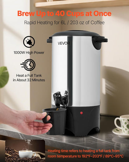 VEVOR Commercial Coffee Urn, 60 Cup 9 L Hot Beverage Dispenser with Dripless Faucet, Quick-Brewing Stainless Steel Large Commercial Coffee Maker, for Catering, Business, Party, Church & Restaurant