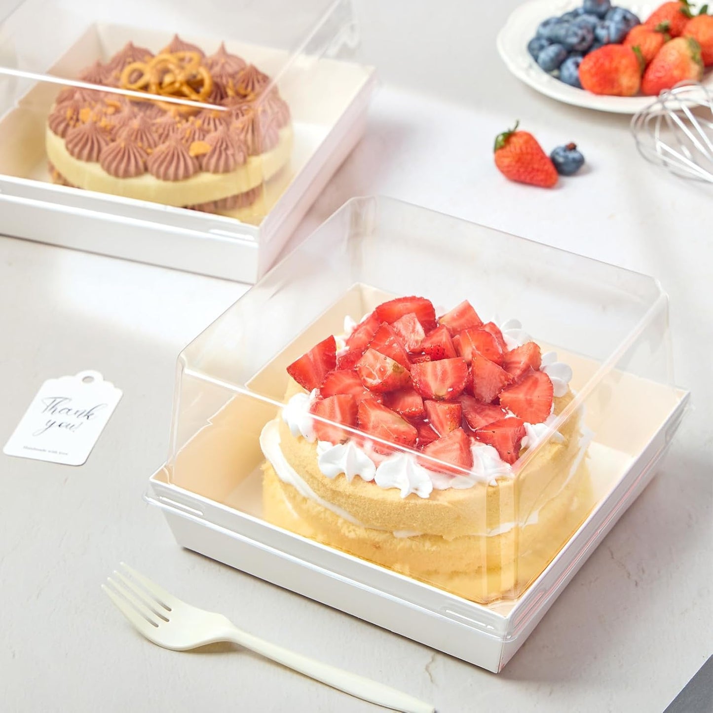 ZORRITA 7 x 7 x 4 Inches Paper Cake Boxes with Clear Lids, 20 Pack Disposable Charcuterie Boxes Square Food Containers for 4-6 Inch Cake, Dessert, Pie, Cupcake, Bakery (Pink)