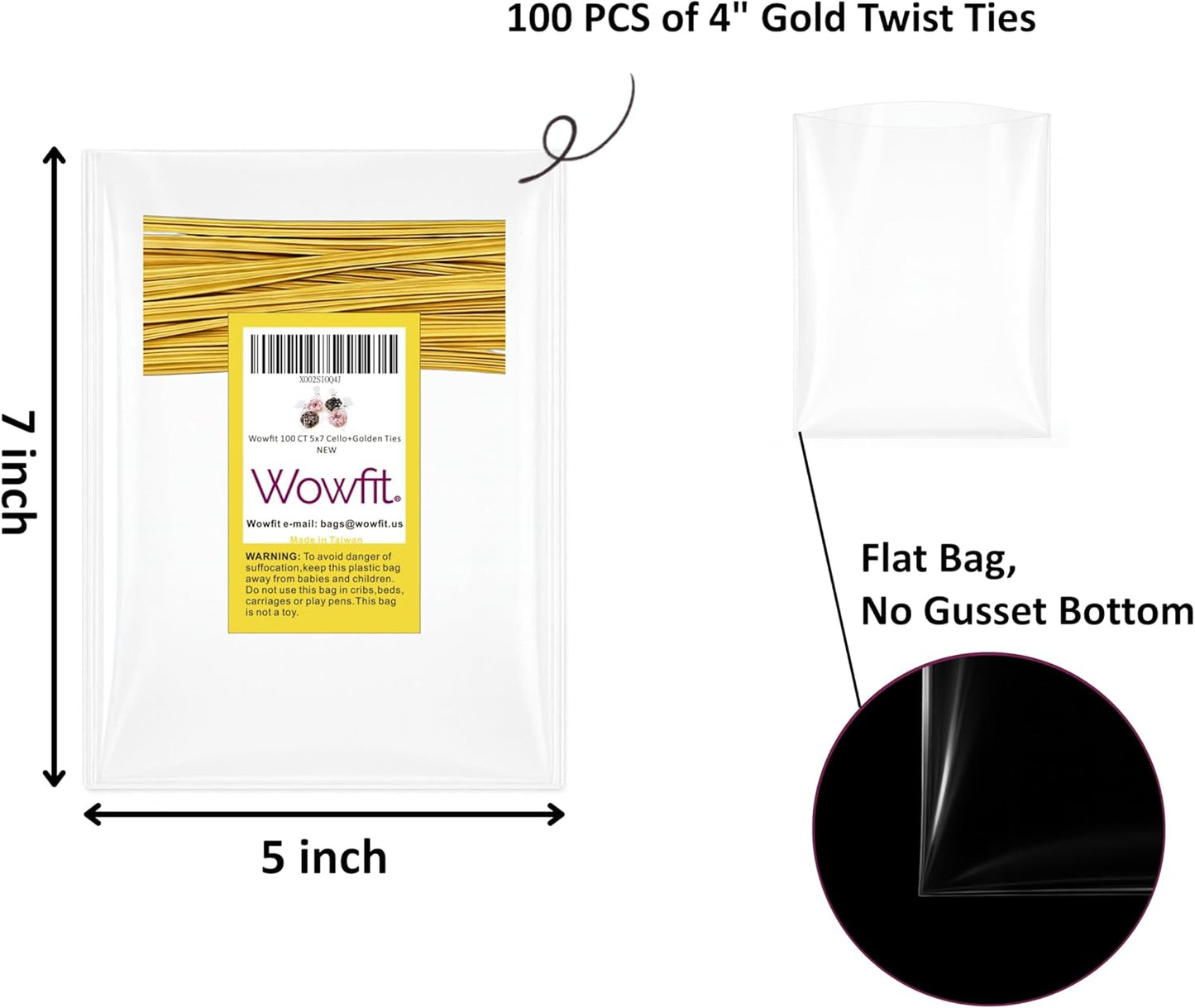 Wowfit 100 CT 6x10 Inch Clear Flat Cellophane Treat Bags with 6” Gold Twist Ties, Cello Packaging for Gift Wrapping, Decorations, and Food Storage