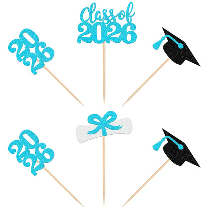 36 PCS 2026 Graduation Theme Cupcake Toppers Glitter Class of 2026 Grad Cap Diploma Cupcake Picks 2026 Graduation Theme Party Cake Decorations Supplies Deep Blue