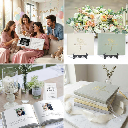 Wedding Guest Book for Memorial Service with 216 Photo Corners Stickers, Linen Guestbook to Sign at Bridal Shower or Wedding Reception Party,100 Pages, Blank Thick Paper Books for Baby Shower- Sage