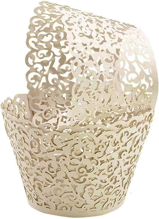 GOLF 100Pcs Cupcake Wrappers Artistic Bake Cake Paper Filigree Little Vine Lace Laser Cut Liner Baking Cup Wraps Muffin CaseTrays for Wedding Party Birthday Decoration (White)