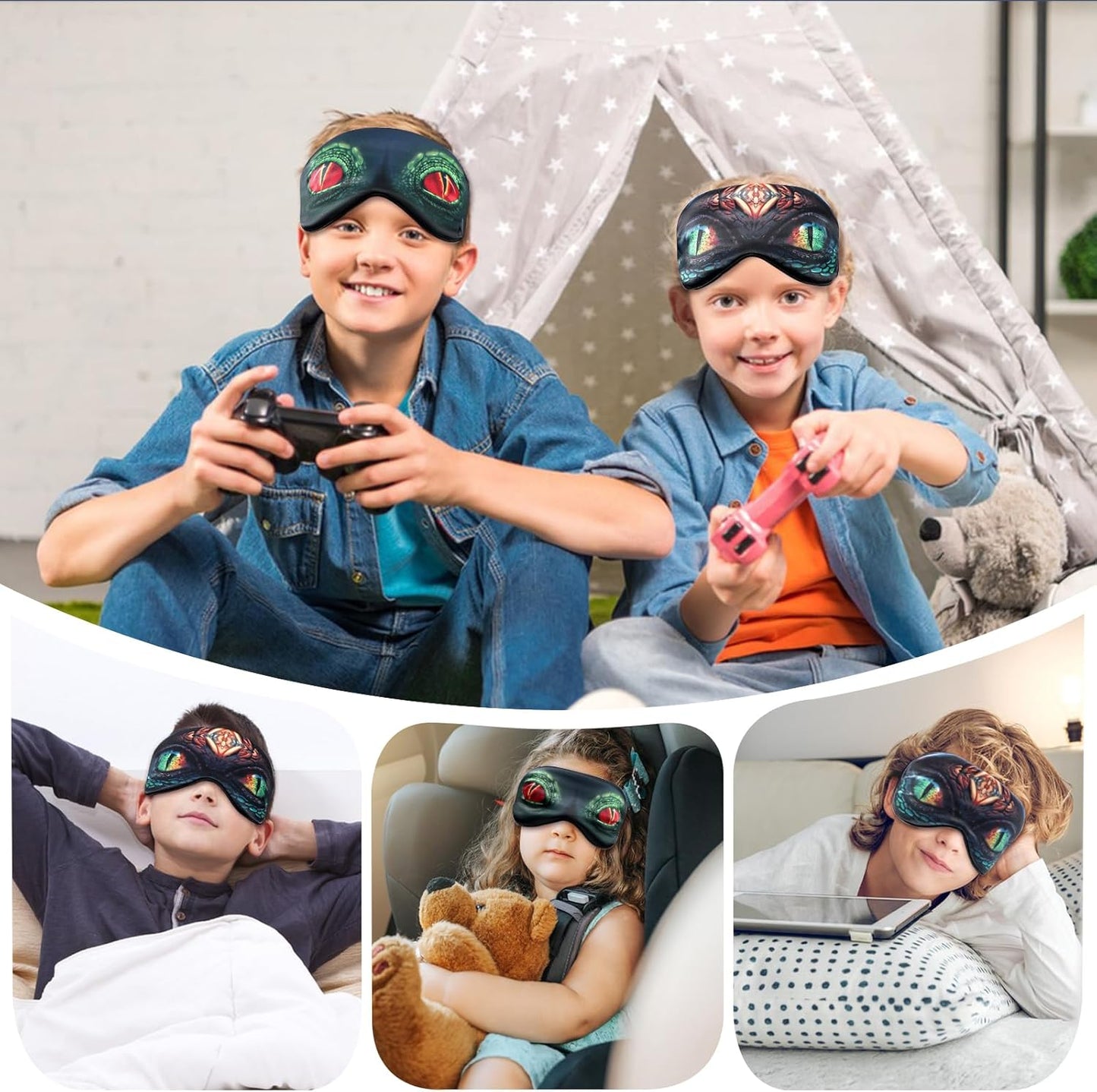2 Pcs Sleep Mask for Kids Boys, Silk Eye Covers for Sleeping, Adjustable Strap & Light Blocking Design, Adult Children's Bedtime Blindfold for Travel and Home Use (Funny Eye)