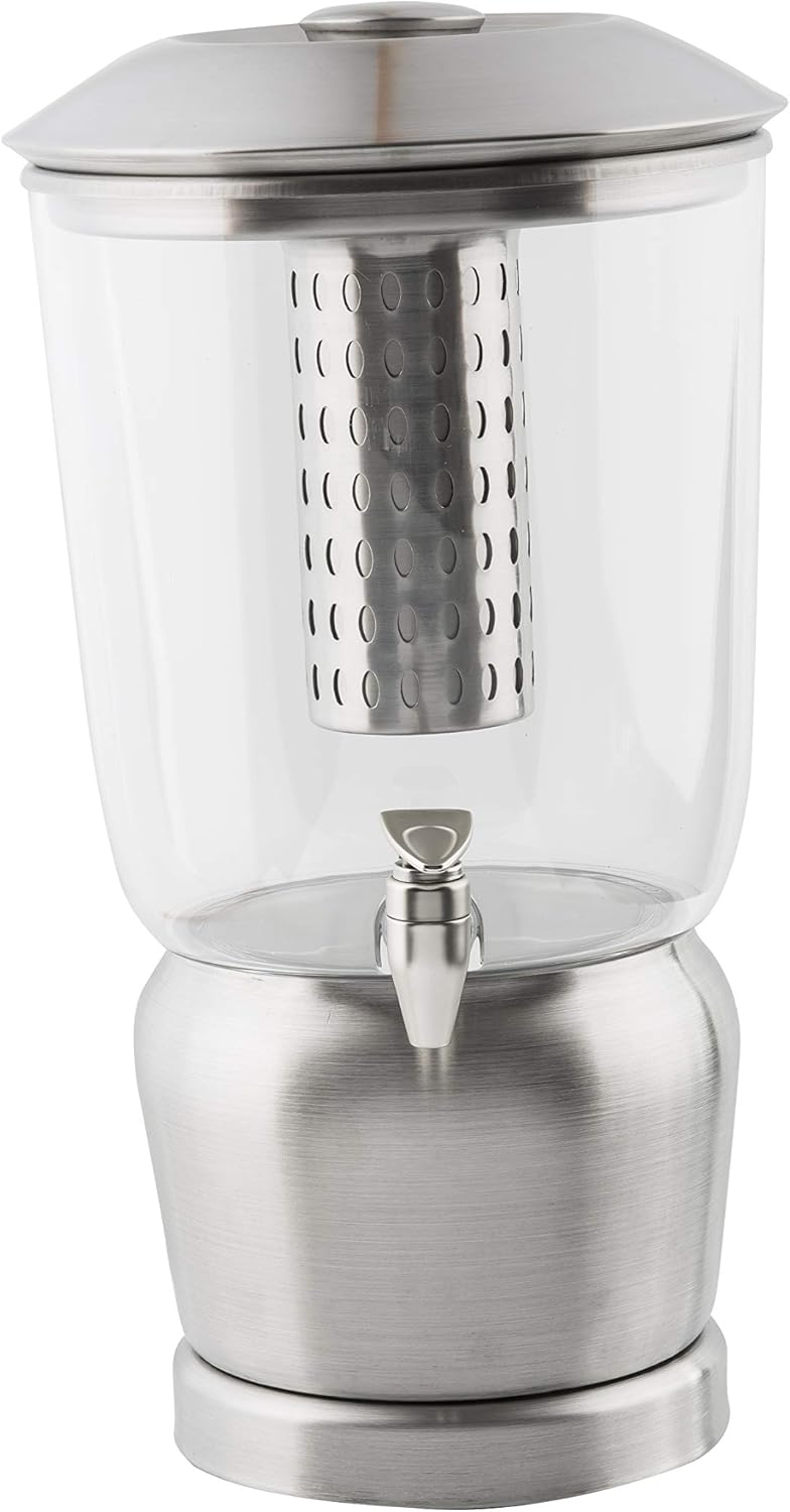 TableCraft 75 Upscale 2.5 Gallon Drink Dispenser with Fruit Infuser & Stand, Tritan & Brushed Stainless Steel, Cold Beverage Dispenser for Catering and Home Use