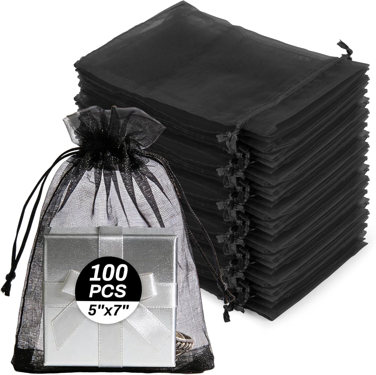 Sukh 100pcs Organza Bags 5''x7'' - White Sheer Mesh Drawstring Bags for Jewelry, Soap, Fruits, Candy, Small Gift Bags for Weddings, Valentine's Day, Mother's Day, Halloween, Thanksgiving, Christmas