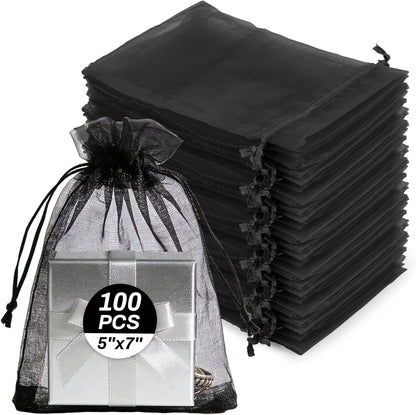 Sukh 100pcs Organza Bags 5''x7'' - White Sheer Mesh Drawstring Bags for Jewelry, Soap, Fruits, Candy, Small Gift Bags for Weddings, Valentine's Day, Mother's Day, Halloween, Thanksgiving, Christmas