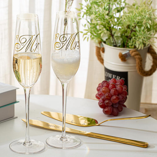 Wedding Cake Knife And Server Set, Mr and Mrs Champagne Flute Glasses With Cake Cutting Set For Wedding Glasses For Bride And Groom