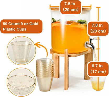 Glass Beverage Dispenser with Bamboo Stand 6.7 In and Lid, Iced 2.9 Gallon Drink Server with Spigot, Large Thick Glass Drink Dispenser for Parties, Hotels, Restaurants, Homes
