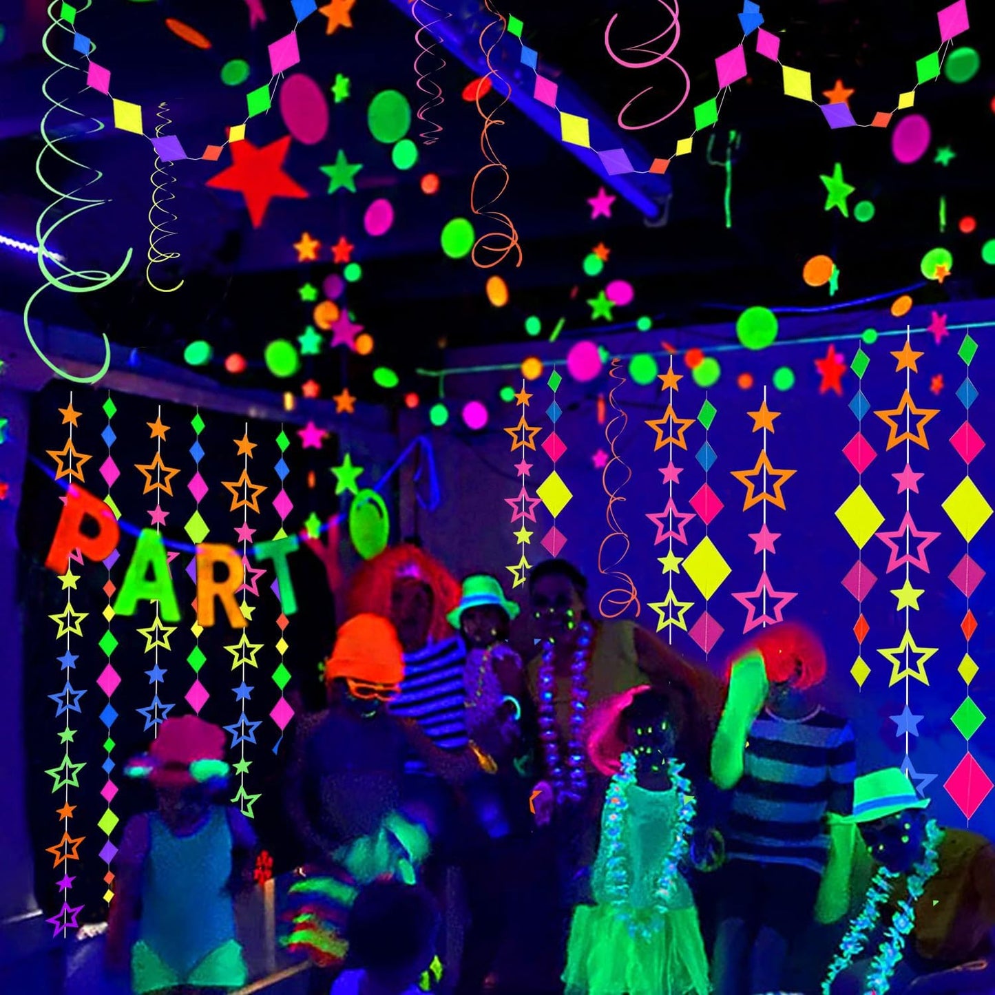 56 Pieces Rainbow Hanging Swirl Decorations Neon Swirl Streamers UV Neon Garland Ceiling Decorations Glow in The Dark Neon Party Supplies and Decorations Black Light Party Kit for Birthday Wedding