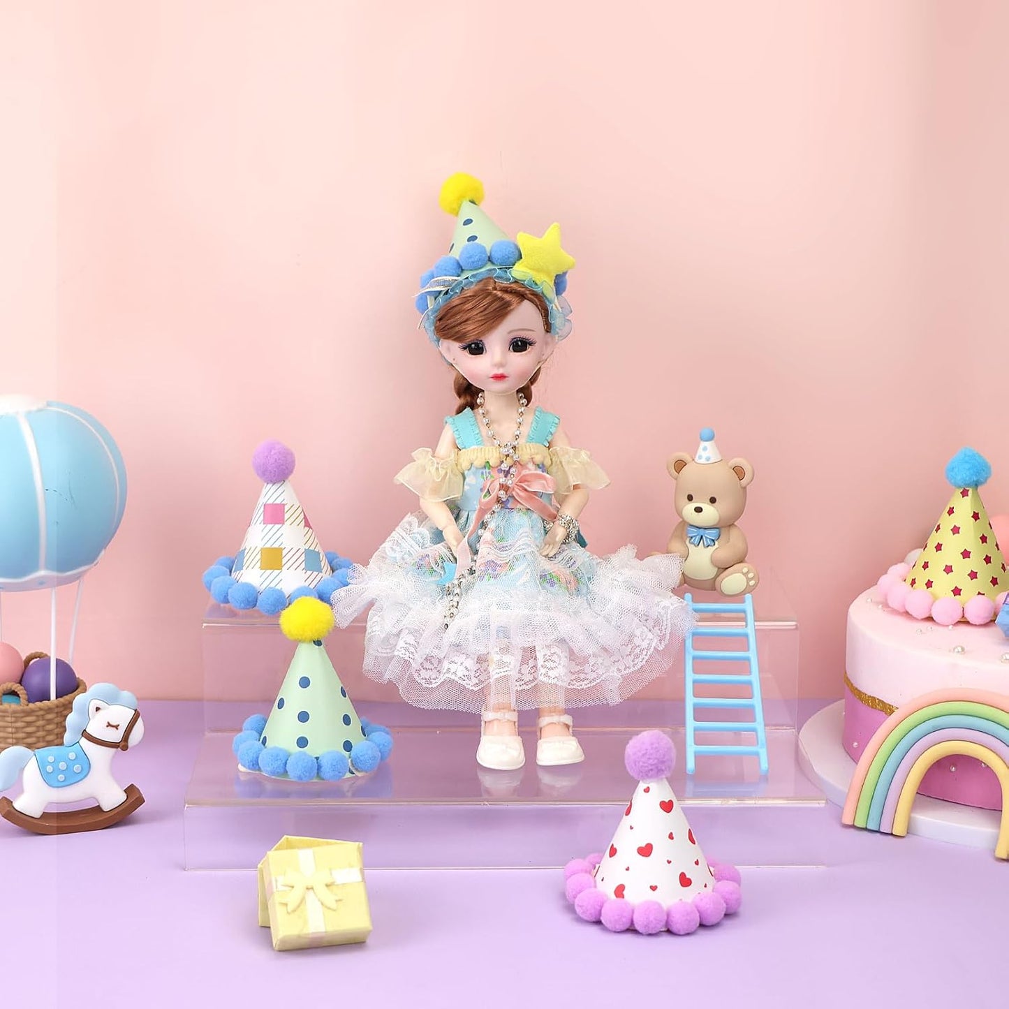12 Pack Mini Party Hats for Stuffed Animals, Mini Hats with Pom Poms Dog Birthday Party Hats for Dolls Dog Cat Pet Birthday Decoration