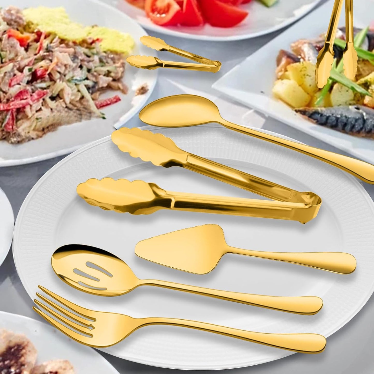 Serving Utensils, XEVOM 6-Piece Stainless Steel Serving Utensil Set Include Serving Spoon, Slotted Serving Spoon, Serving Fork,Serving Tong, Appetizers Tong,Pie Server (Silver), Regular