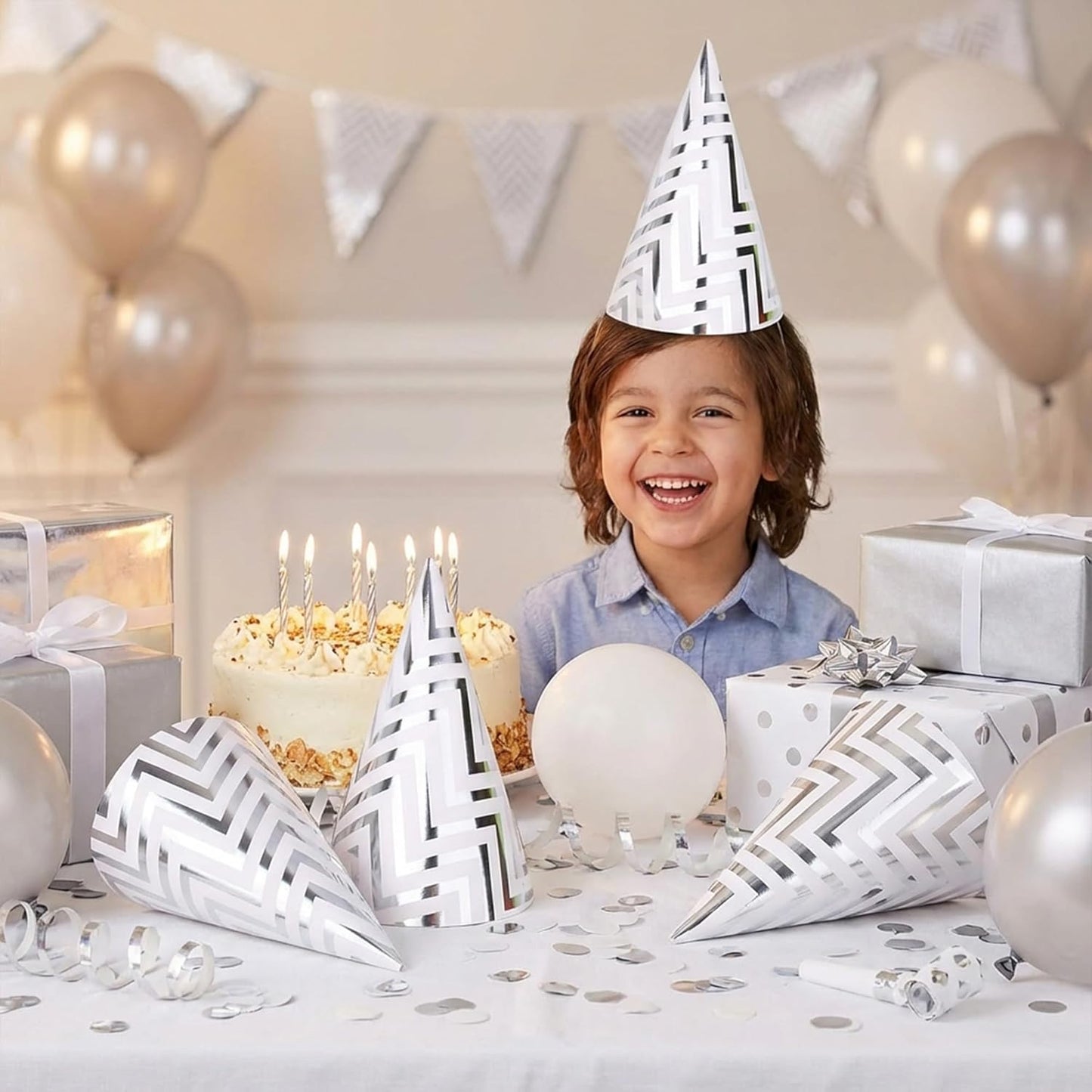 Boieo Party Hats Birthday Cone Set Gold Polka Dot Striped Paper for Adults Kids Happy Birthday Party Decorations 12 Pcs