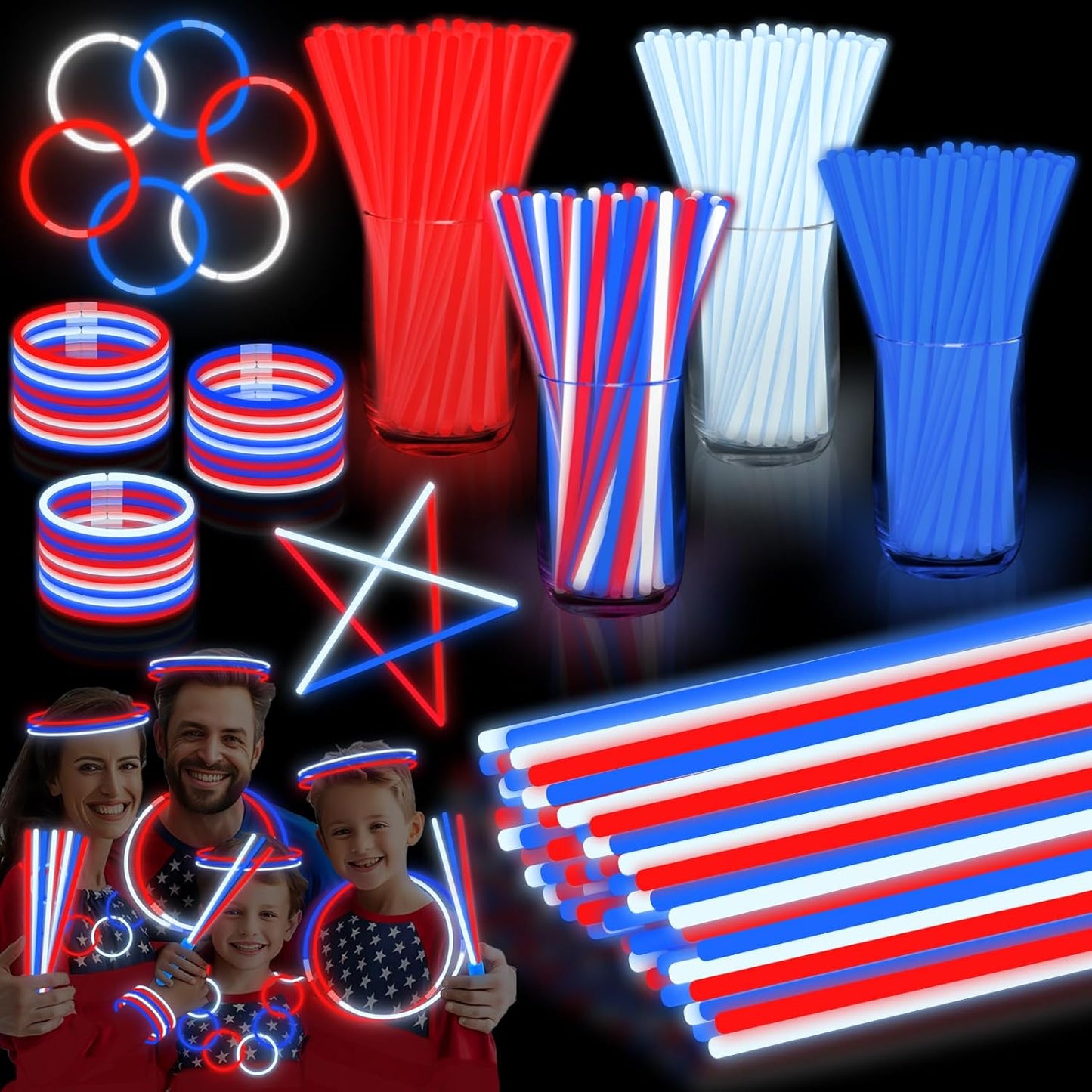 200 Pack 4th of July Glow Sticks Party Favors with Connectors,Patriotic Red White Blue Glow Stick Bracelets Nacklaces Glow in the Dark Party Accessories Memorial Day Decorations,250th Anniversary USA