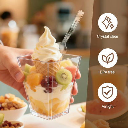 50-Pack 5oz Dessert Cups with Lids, Plastic Parfait/Pudding Cups, Small Plastic Containers with Spoons, Reusable Jello Cups for Yogurt, Fruit, Cake, Appetizers