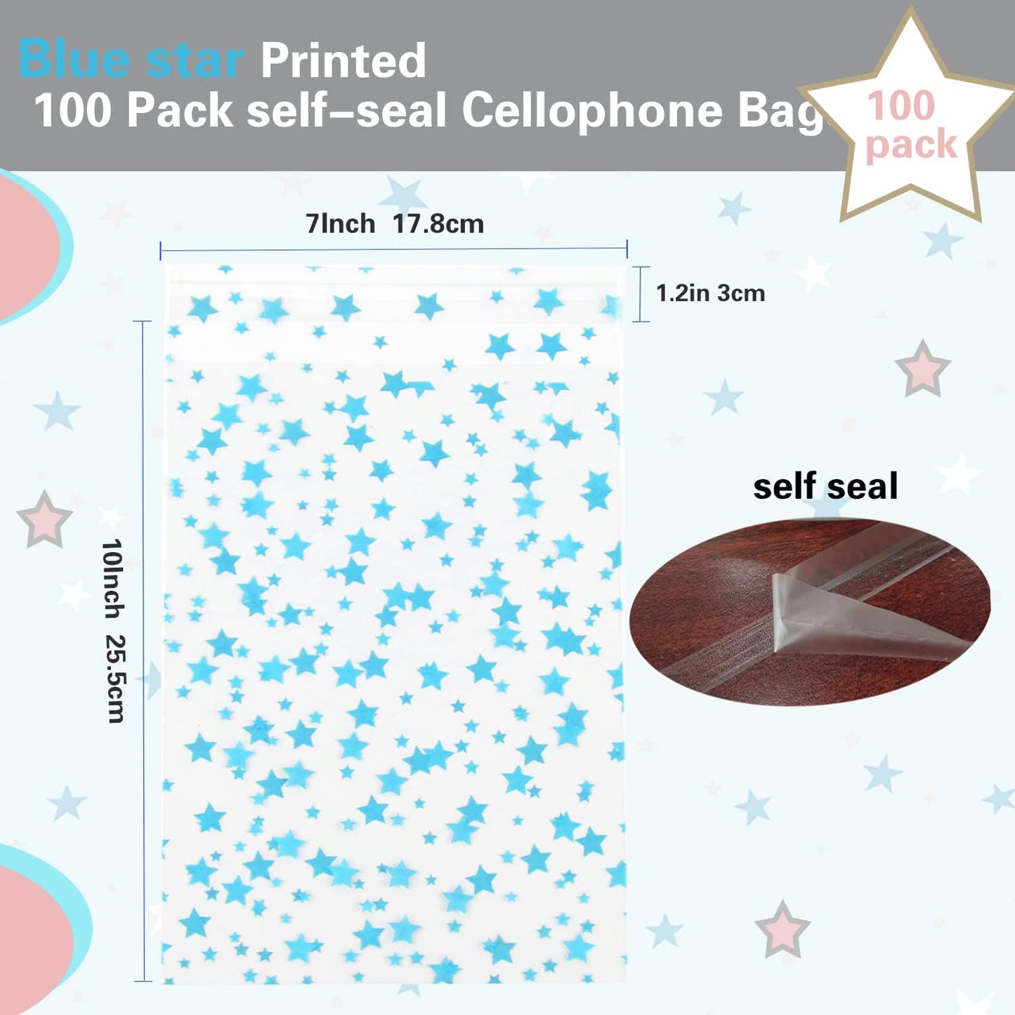 100 Pcs Star Printed 5"X 7" Gift Wrap Cello Cellophane Treat Bags Party Favor bags Clear Candy Cookie Bag Plastic Poly Goodie Storage Bag with Twist Ties for Bakery,Birthday, Wedding ,Party Decorations (Gold)