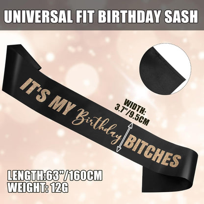 RUDONG M It's My Birthday Bitches Sash - Black Birthday Sash with Rose Gold Glitter for Women & Girls | Sweet 16/18th/21st/30th/40th/50th/60th/70th, All-Age Celebration Party Decor