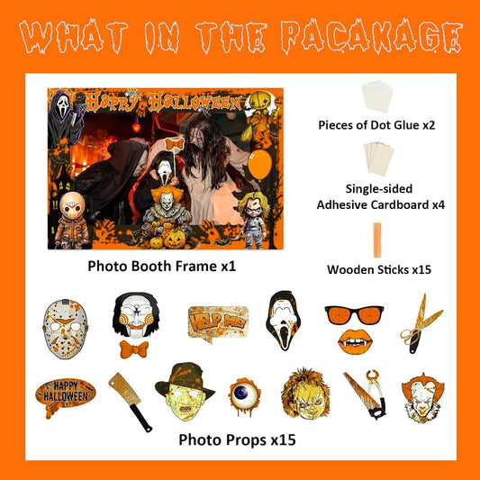 Taeku Halloween Photo Booth Props Kit – 16 Pcs Selfie Frame & Party Photo Props for Kids & Adults, Pumpkin Bat Ghost Designs for Halloween Birthday Decorations (Orange)
