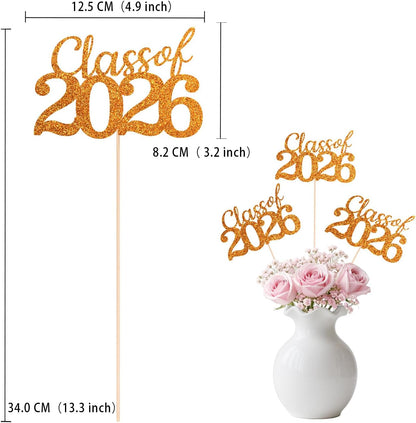 Gold Class of 2026 Double-sided Graduation Table Centerpieces, 12 Pcs Grad Party Decorations with Sticks, Graduation 2026 Party Supplies for Table Decor
