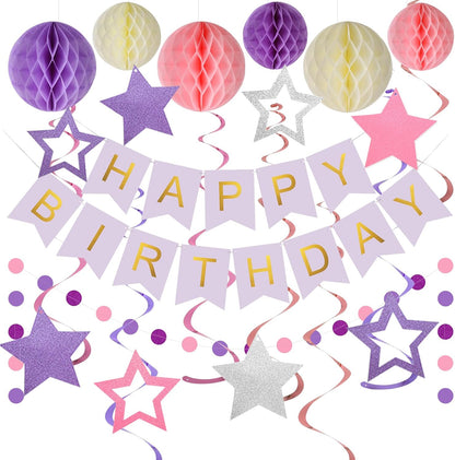 meowtastic Birthday Decorations, Happy Birthday Banner with Honeycomb Balls, Stars Hanging Swirl Streamers, Circle Dots Garland, Happy Birthday Party Decorations for Women Men Boys Girls (Blue)