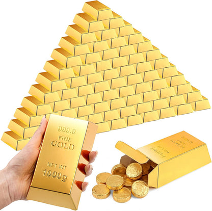 Honoson 24 Pcs Gold Bar Fake Gift Box Foil Gold Bar Party Favor Boxes Paper Golden Favor Boxes Treasure Brick for Pirate Casino Theme Party Decorations Candy Treats Chocolate Toys, 5.5 x 3.2 Inches