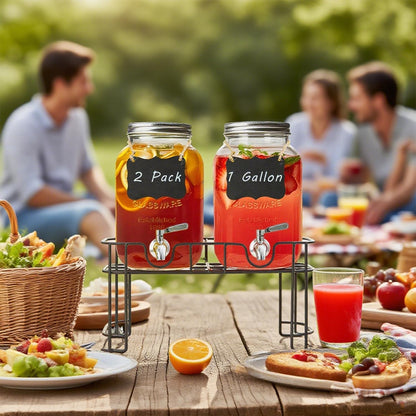 1 Gallon Glass Drink Dispensers for Parties,2 Pack Beverage Dispenser with Stand and Stainless Steel Spigot,Glass Water Lemonade Dispenser with Ice Cylinder for Party Drink,Iced Tea,Kombucha