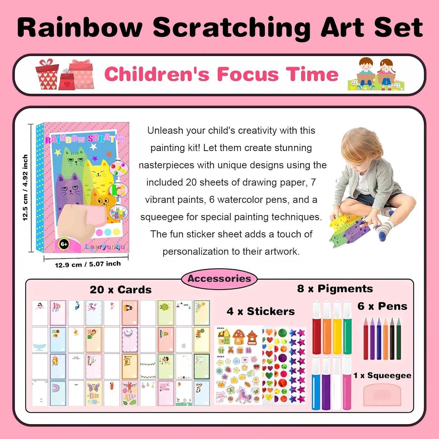 LEERYOUQU Squeegee Art Craft Kit, Creative Painting Kit for Kids, Rainbow Scratch Paper Art Set Notebooks, Magic Dot Scratch Painting Party DIY Gifts for Girls and Boys