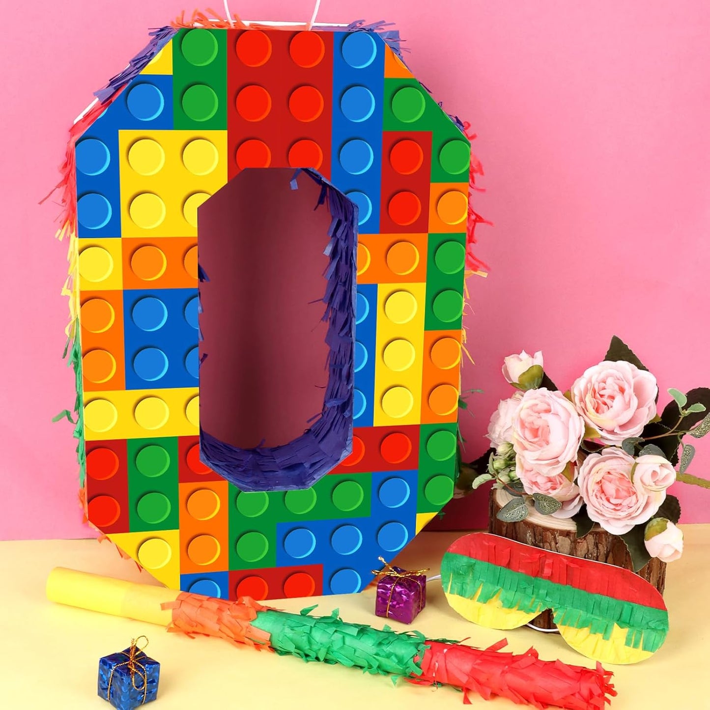 Number 7 Pinata Building Blocks with Pinata Stick Blindfold 7th Birthday Party Decorations Happy Birthday Building Block Theme Anniversary Party Supplies for Kids (Small, 16 x 10.6 x 3 in)