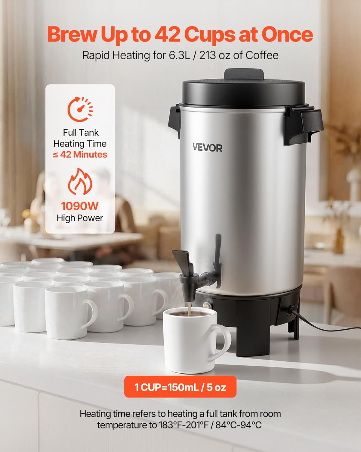 VEVOR Commercial Coffee Urn, 40 Cup 203oz Hot Beverage Dispenser with Dripless Faucet, 1090W Quick-Brewing Coffee Maker, Automatic Temperature Control, for Catering, Party, Church & Restaurant