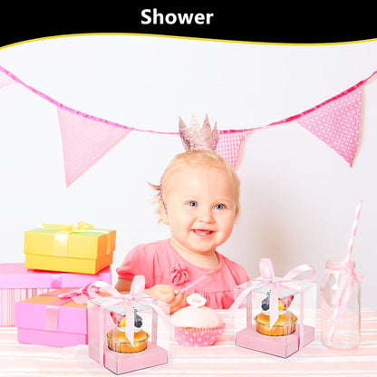 EUSOAR Individual Cupcake Holder, 50pcs 3.5 Inch Plastic Black Cupcake Containers with Lids, Single Transparent Display Clear Cupcake Carrier with Ribbon and Inserts for Wedding Party Favor