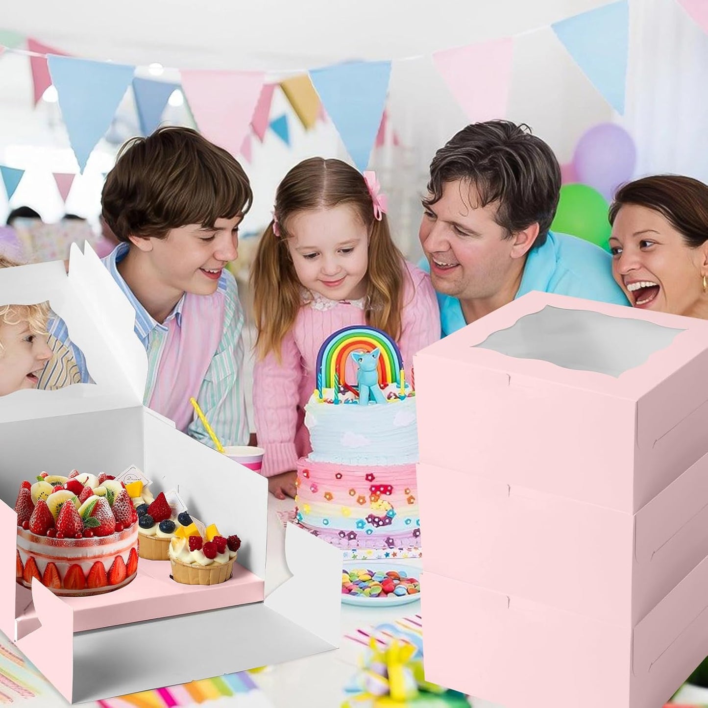 10 Packs Bento Cake and Cupcake Box 3 Holes Fit 2 Cupcakes and 1 Mini Cake Box with Clear Window and Stickers for Cake Cupcake Cookie or Easter and Mother’Day. (1+2/10pcs)