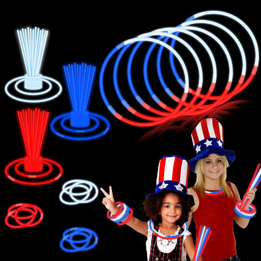 Kannove 240 PCS American Usa Flag Accessories for Kids, Patriotic Red White Blue Glow Sticks Party Favors Supplies Bulk,Light up Necklaces Toys Decor,Treat Goodie Gift Bag Stuffers for Toddlers