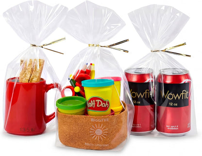 Wowfit 100 CT 6x10 Inch Clear Flat Cellophane Treat Bags with 6” Gold Twist Ties, Cello Packaging for Gift Wrapping, Decorations, and Food Storage